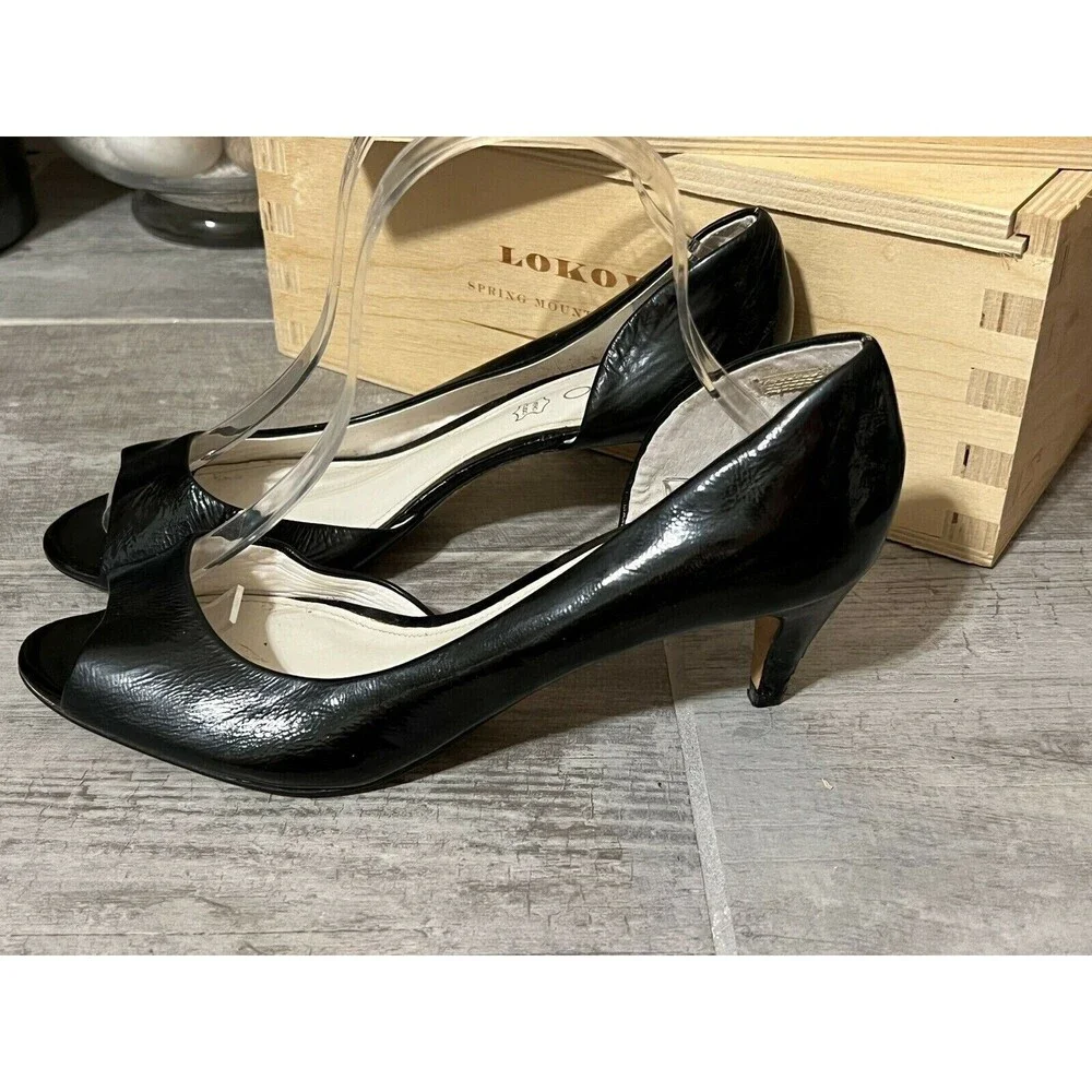 ALDO Black Patent Leather Open Peep Toe Kitten Heel Classic Pumps Sandals 38 7.5